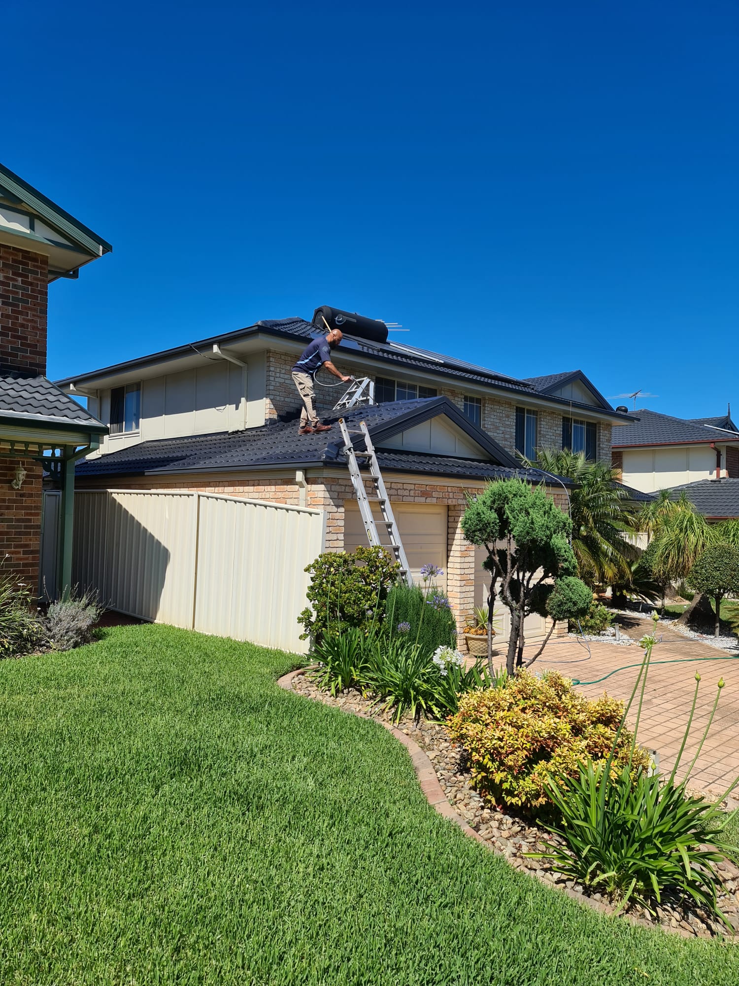 Restored and freshly coated tiled roof on a Sydney home with clean ridge capping